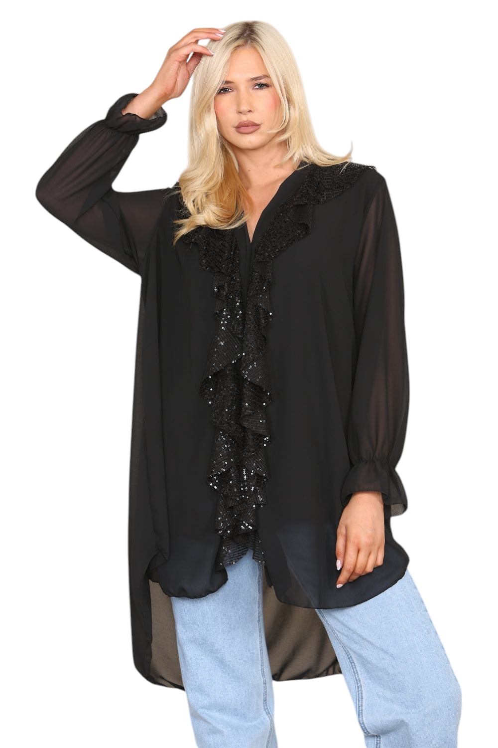 Sequin frill party blouse in two colours