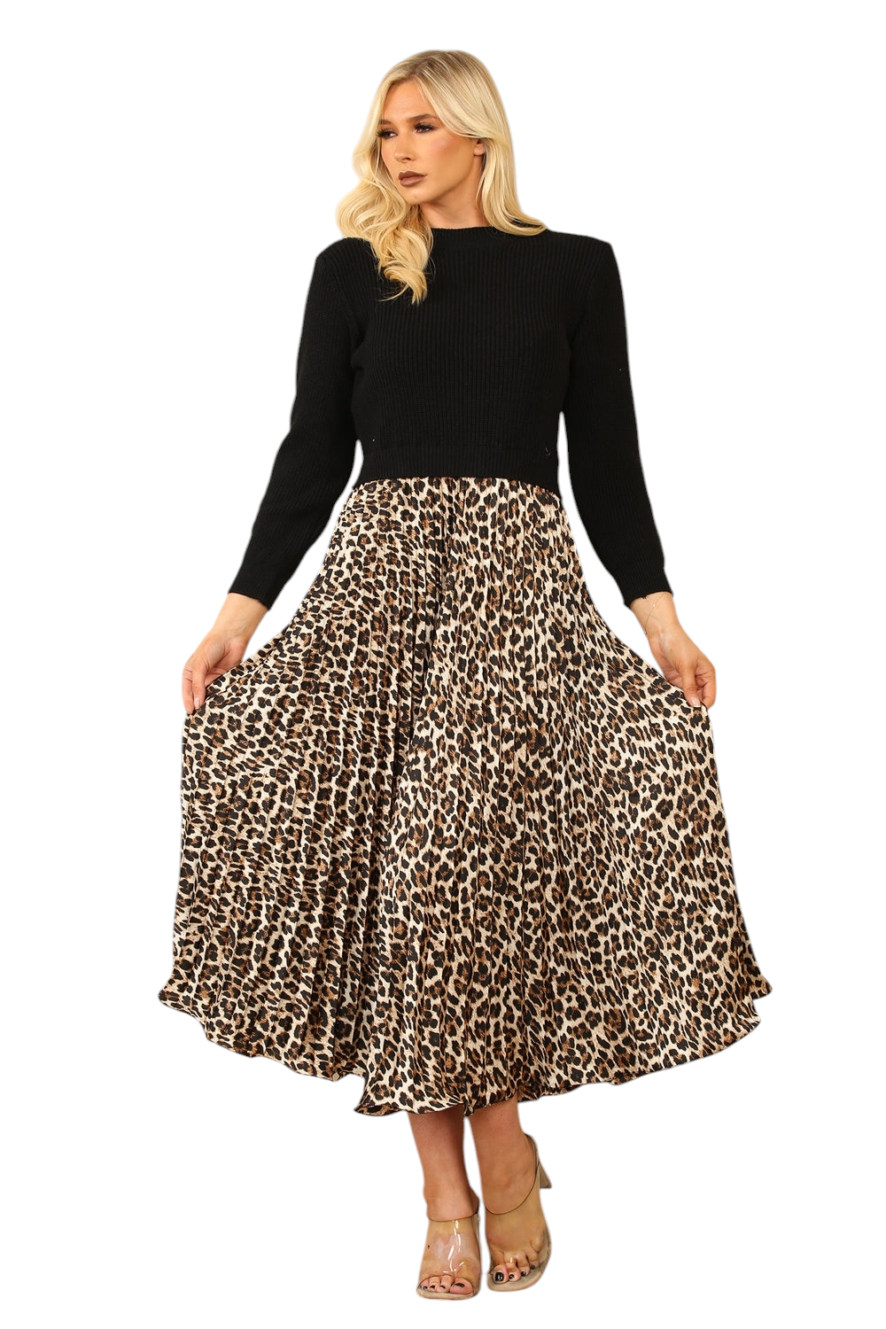 Pleated leopard jumper dress in three colours