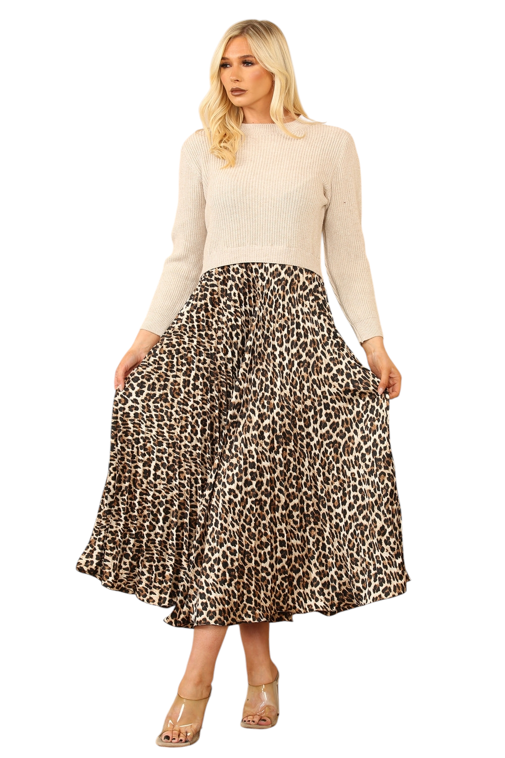 Pleated leopard jumper dress in three colours