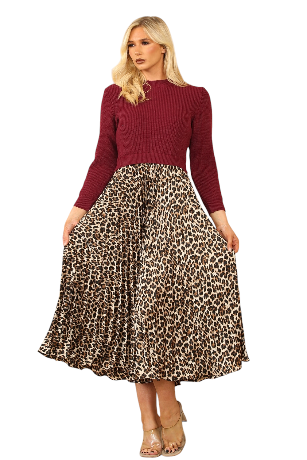 Pleated leopard jumper dress in three colours