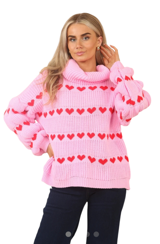 Heart print cowl neck jumper in cream, red and pink