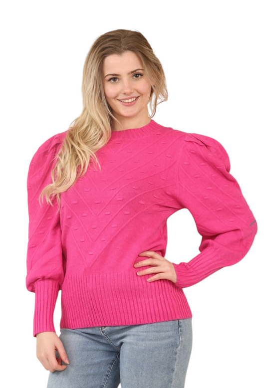 Puff sleeve jumper with pattern in pink, coral, mint and black
