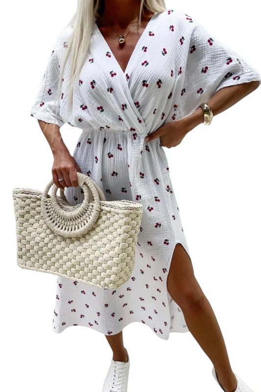 Cherry cheesecloth dress in white