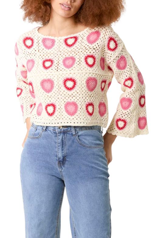 Heart print crochet top in pink and lilac