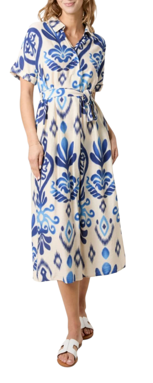 Print shirt dress with belt in blue and stone pattern