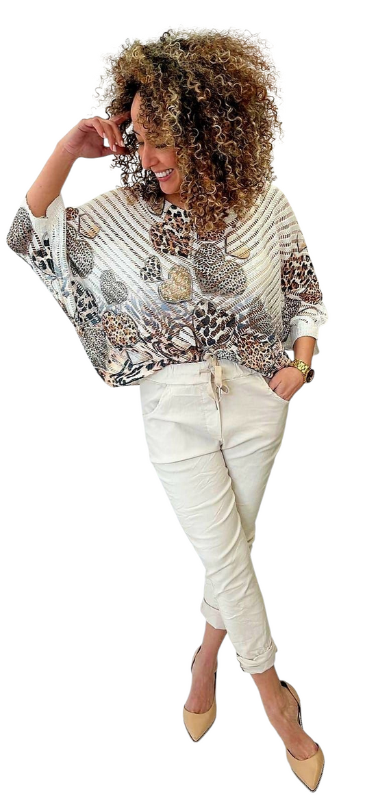 White crochet effect top with leopard heart print in four colours