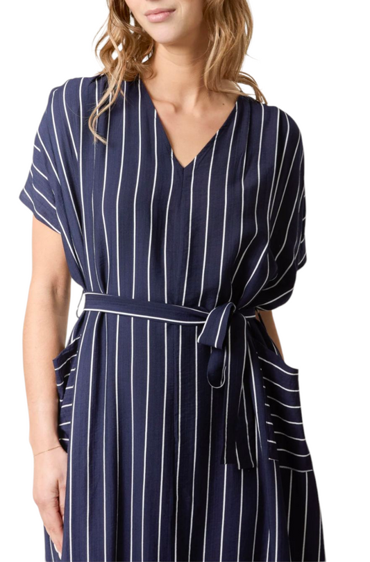 Pinstripe maxi tunic dress in navy and green