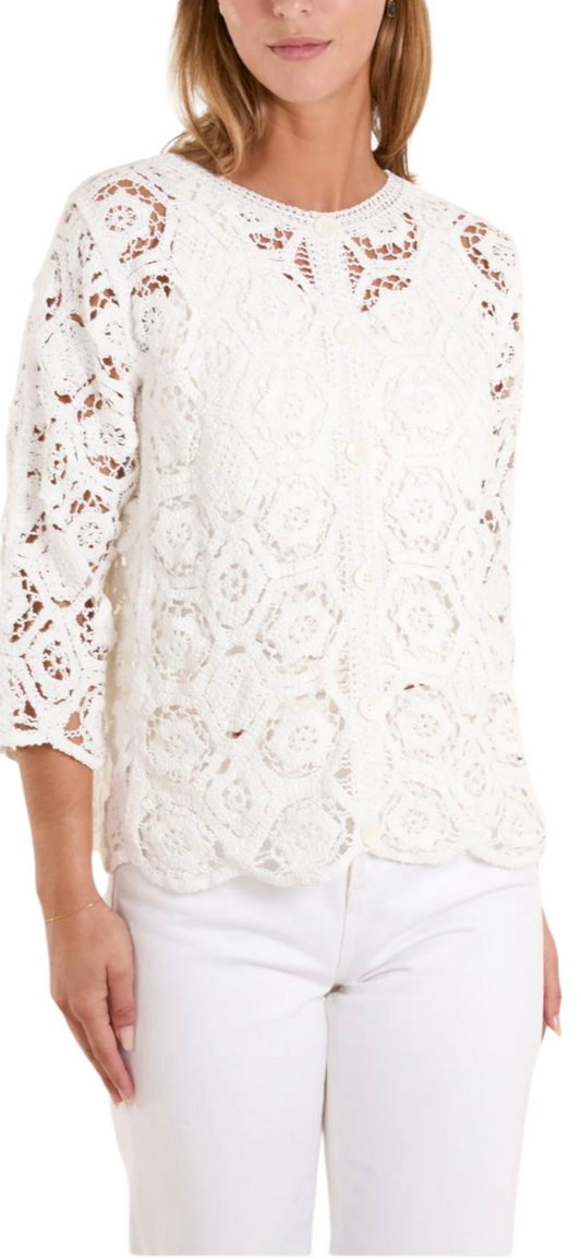 Crochet crew neck cardi in off white
