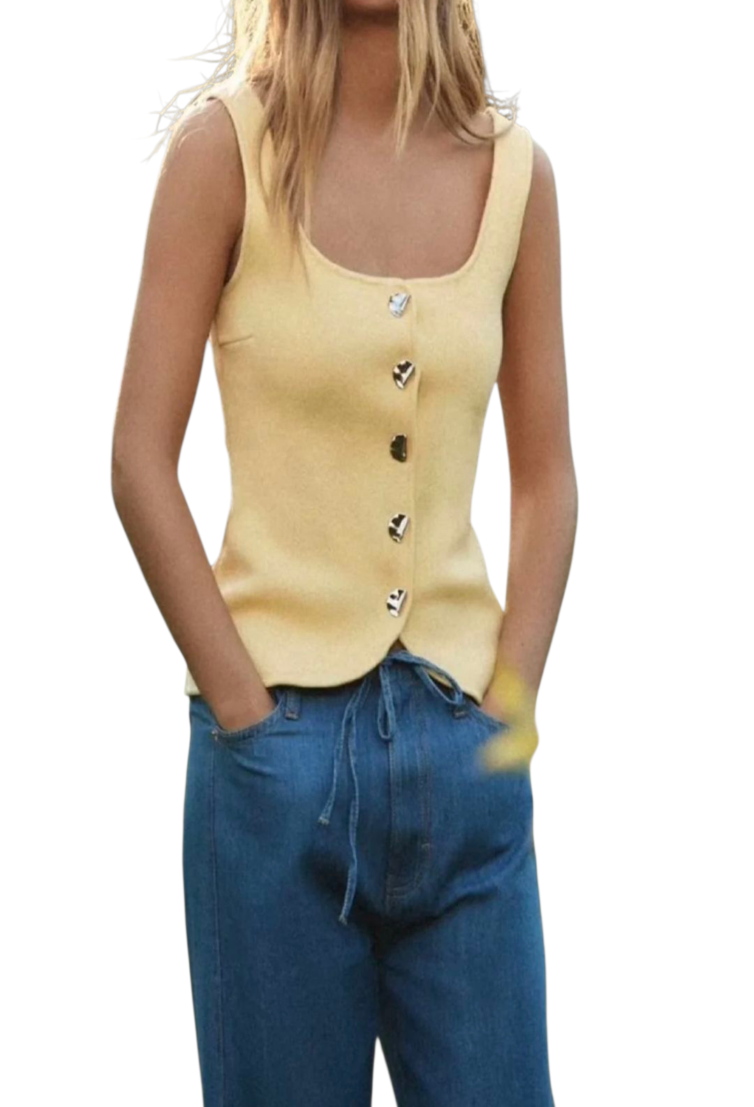 Knitted vest waistcoat with gold buttons in yellow, white and black