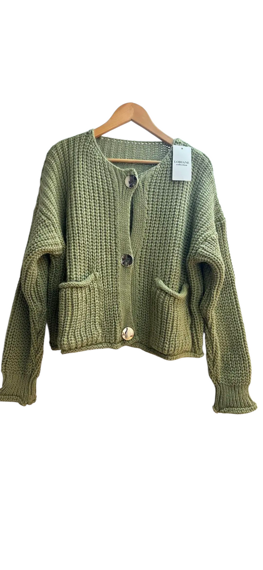 Chunky boxy knitted cardi with gold buttons in green, grey and red