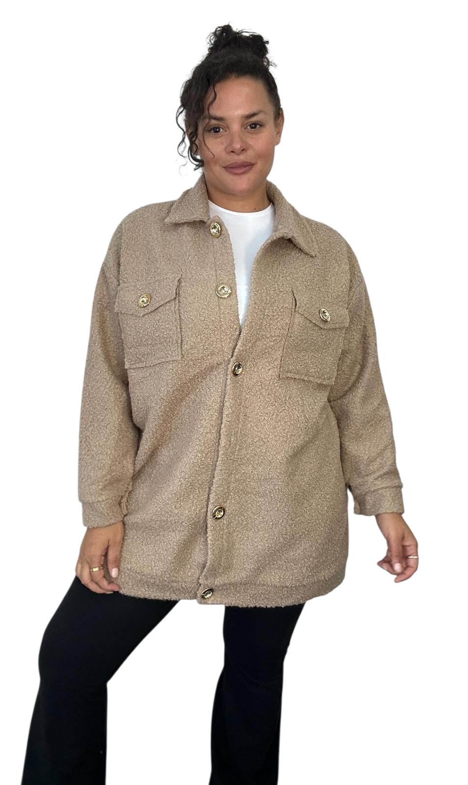 Curve range fleece shacket with gold buttons in black and beige