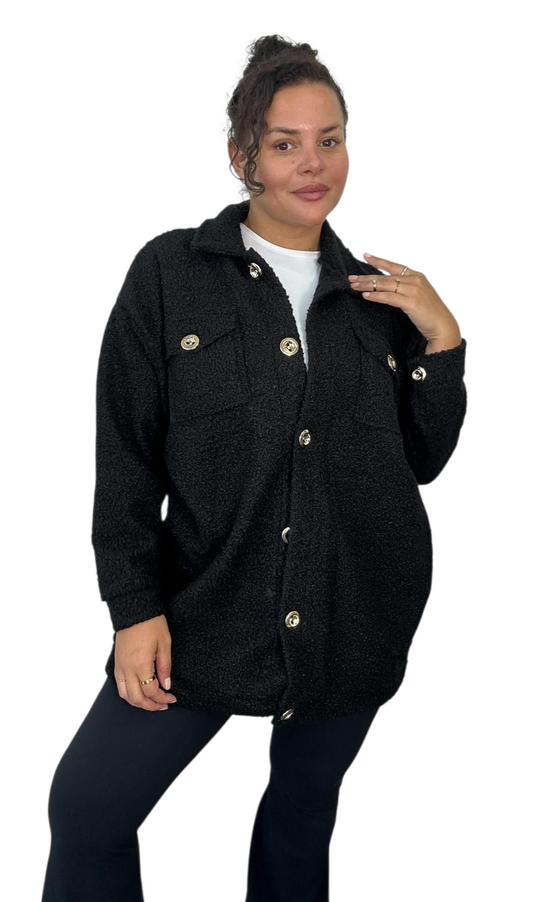Curve range fleece shacket with gold buttons in black and beige