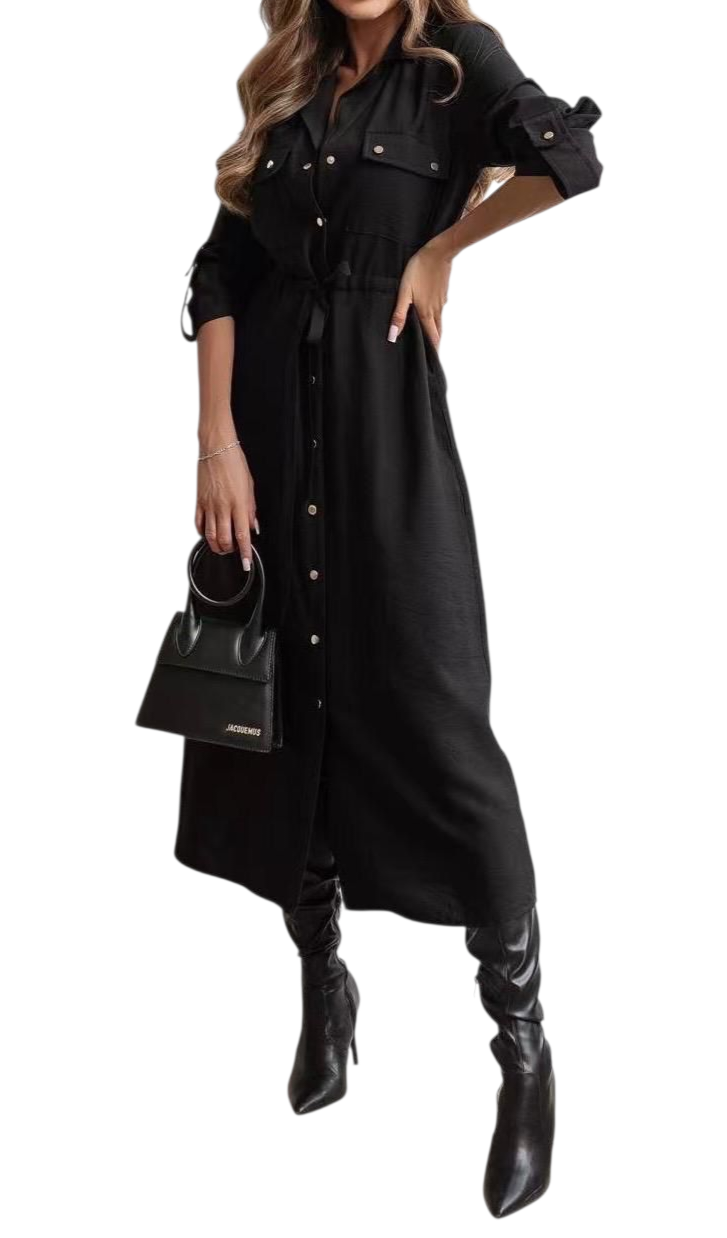 Long shirt dress with elasticated waist tie in wine, camel and black