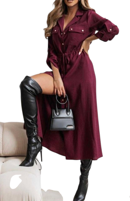Long shirt dress with elasticated waist tie in wine, camel and black