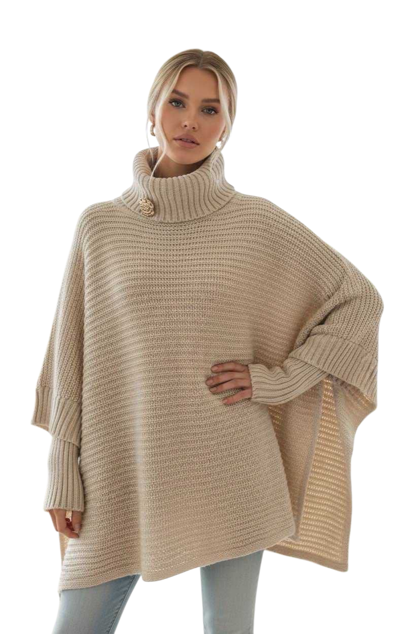 Roll neck cape style jumper with gold brooche in six colours