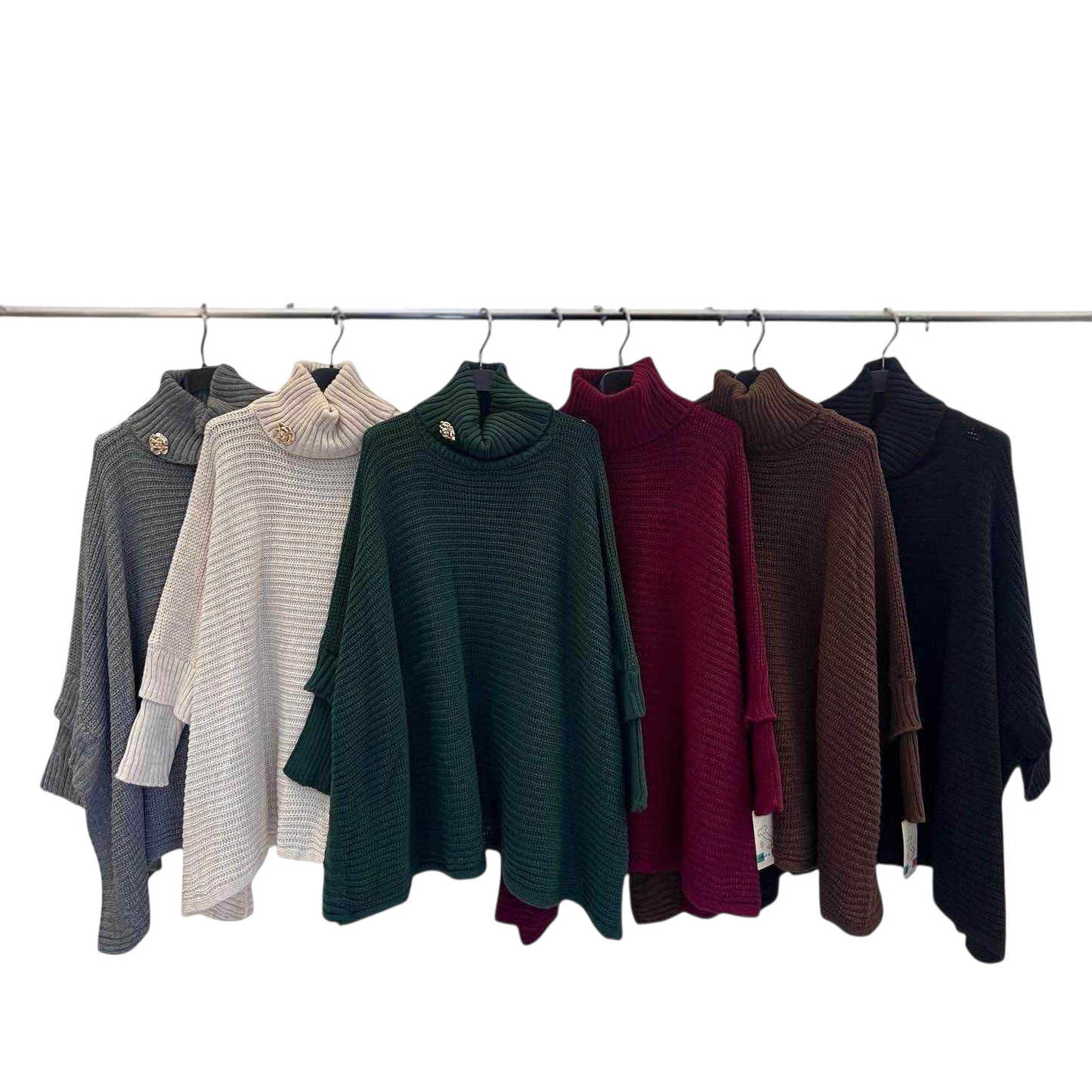 Roll neck cape style jumper with gold brooche in six colours