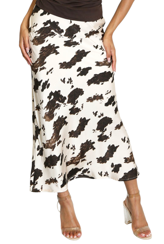 Cow print satin skirt in brown or black