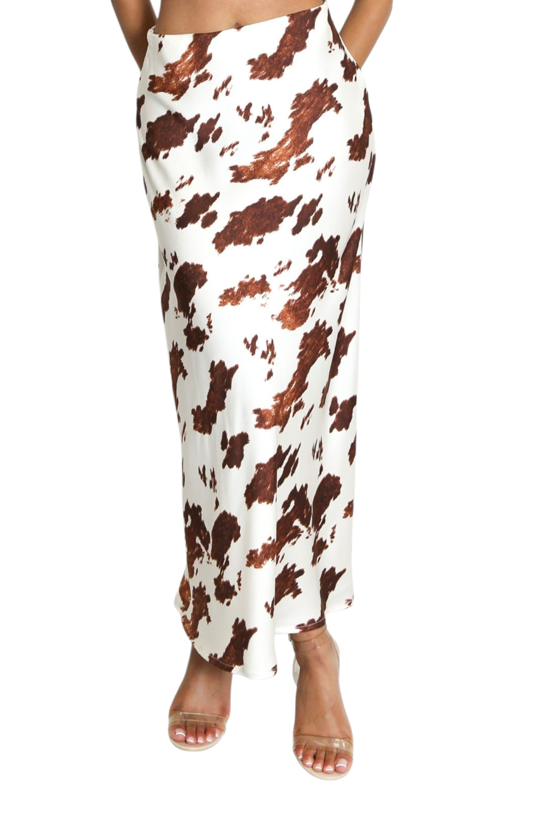 Cow print satin skirt in brown or black