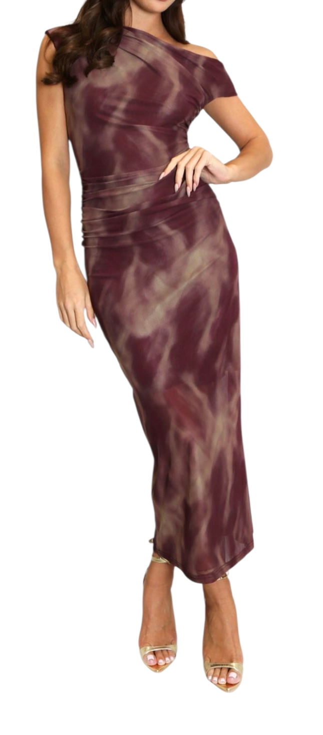 Marble body con dress in wine and brown