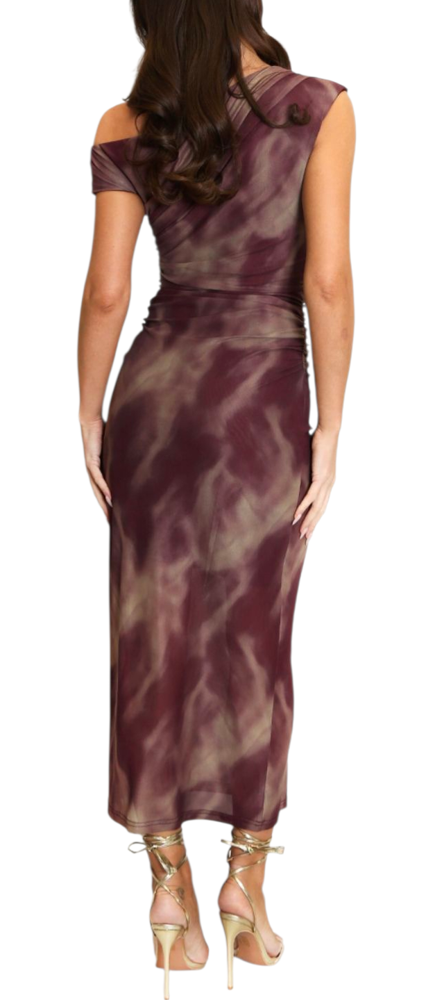 Marble body con dress in wine and brown