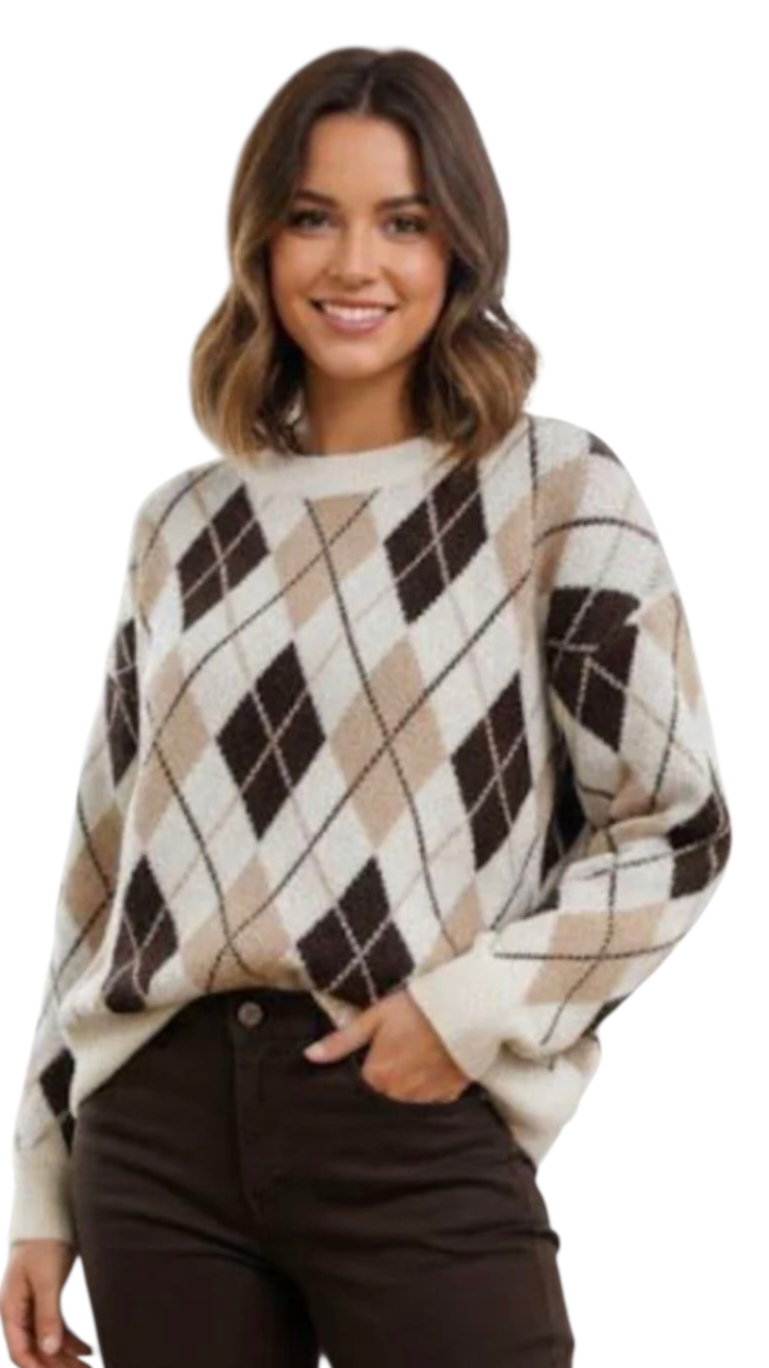 Argyle print crew neck jumper