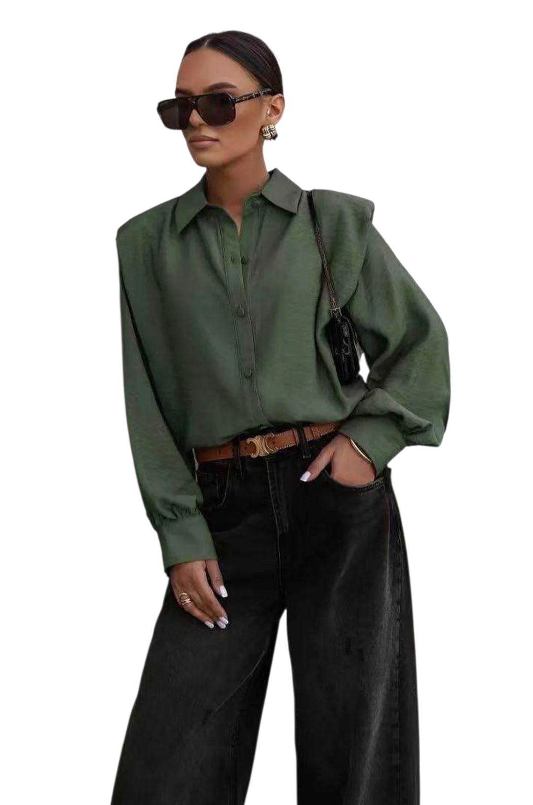 Padded shoulder panel shirt in white or khaki green