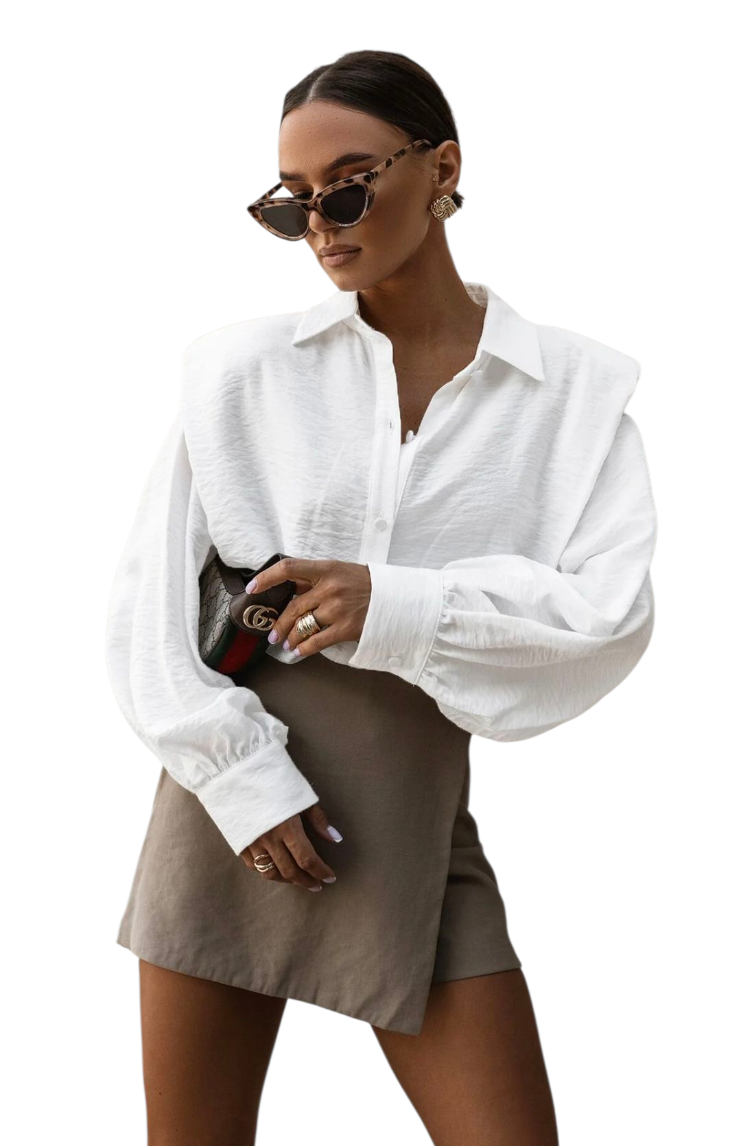 Padded shoulder panel shirt in white or khaki green