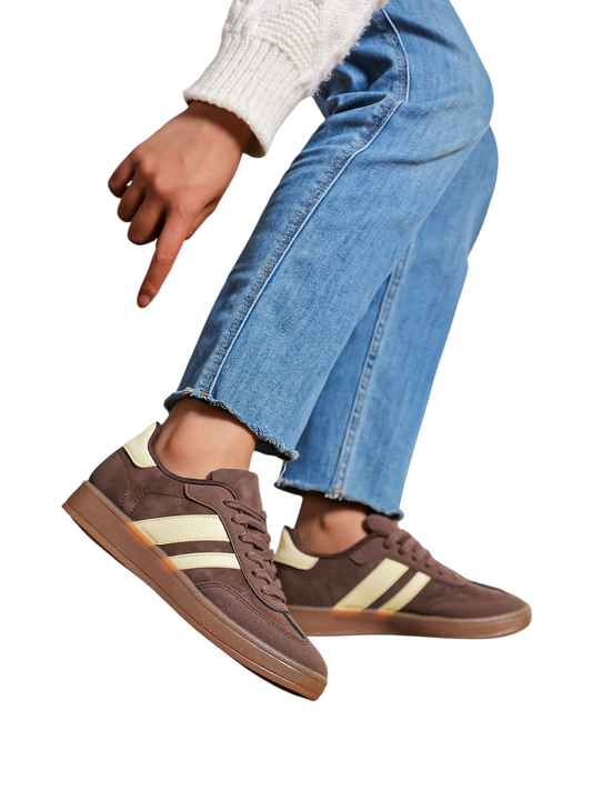 Brown trainer with lemon stripes