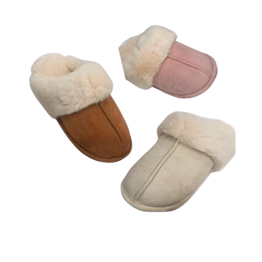 Fur trim slippers in pink, tan and cream