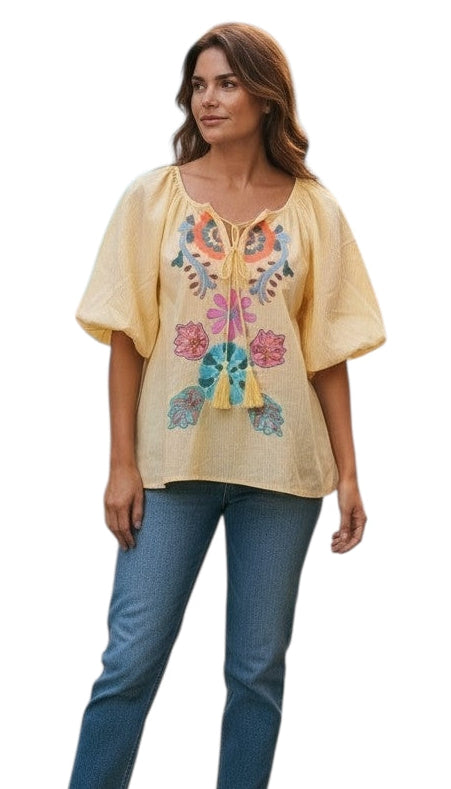 Striped puff sleeve blouse with floral embroidery in blue and yellow