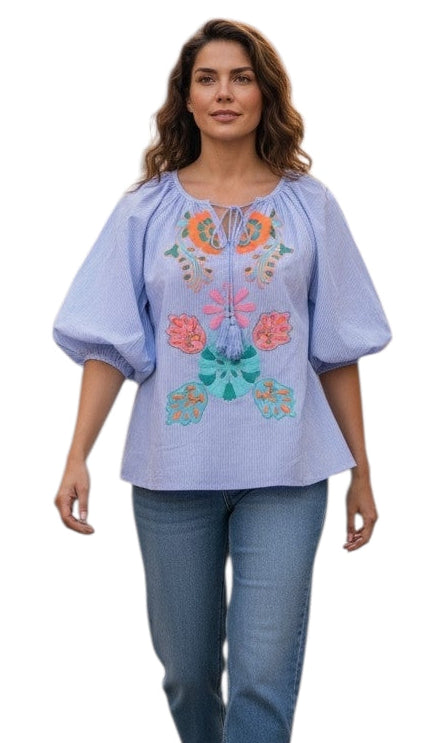 Striped puff sleeve blouse with floral embroidery in blue and yellow