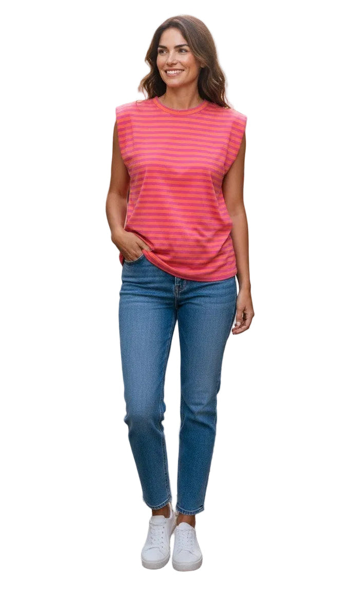 Cap sleeve padded shoulder striped t-shirt in three colours