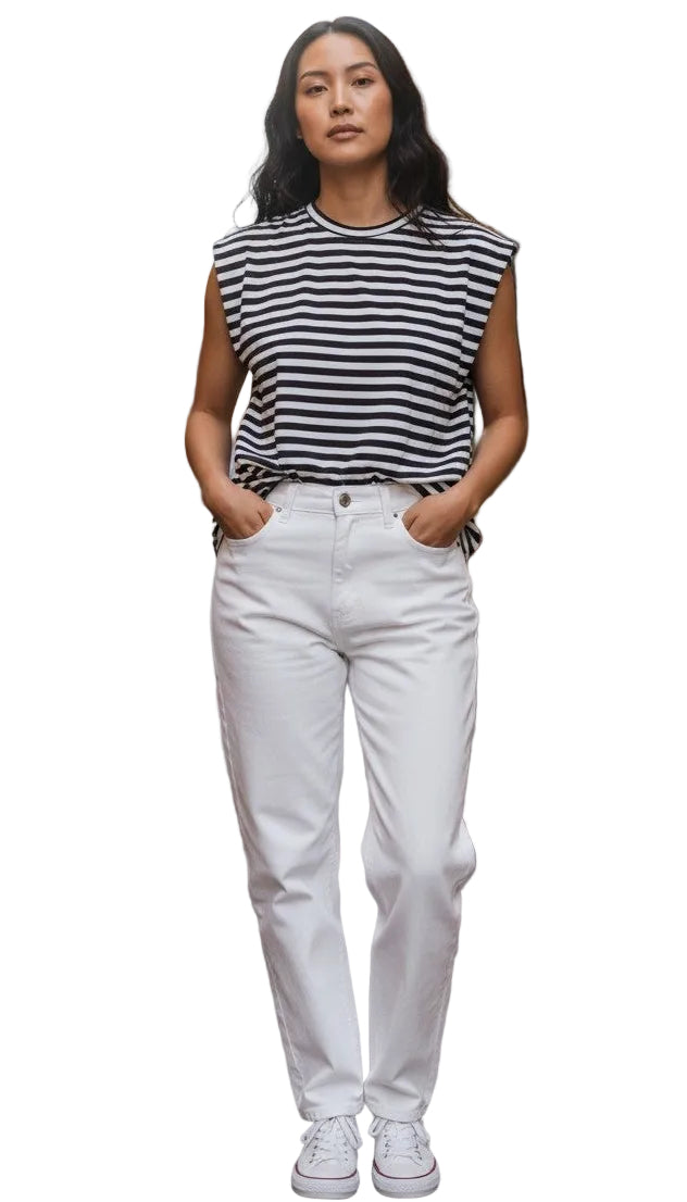 Cap sleeve padded shoulder striped t-shirt in three colours
