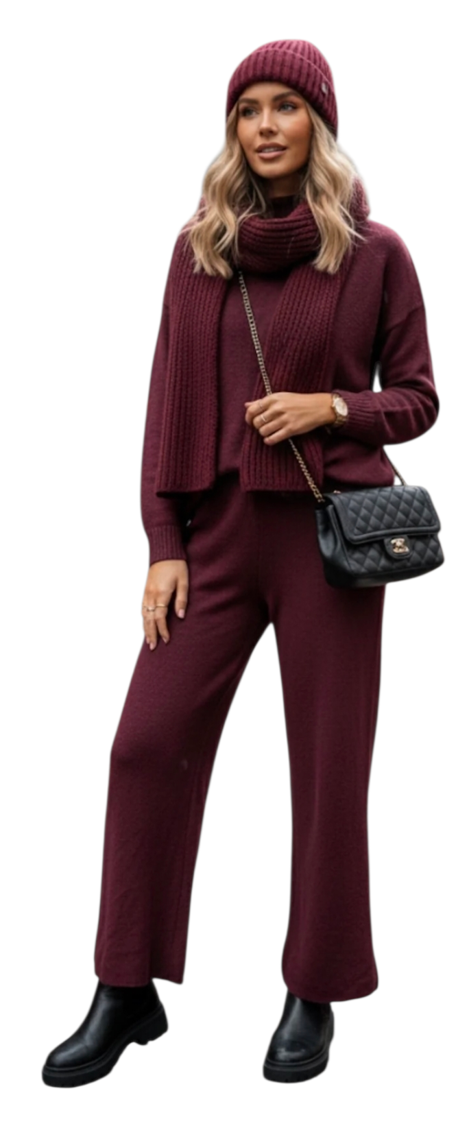 Knitted high neck co-ord set in wine, mink, cream and black