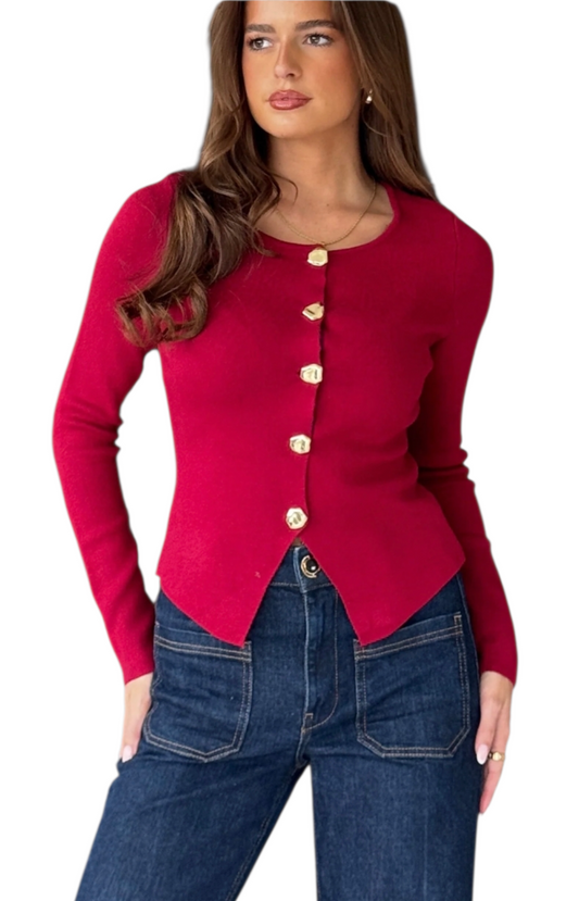 Long sleeved fine knit waistcoat in raspberry and chocolate