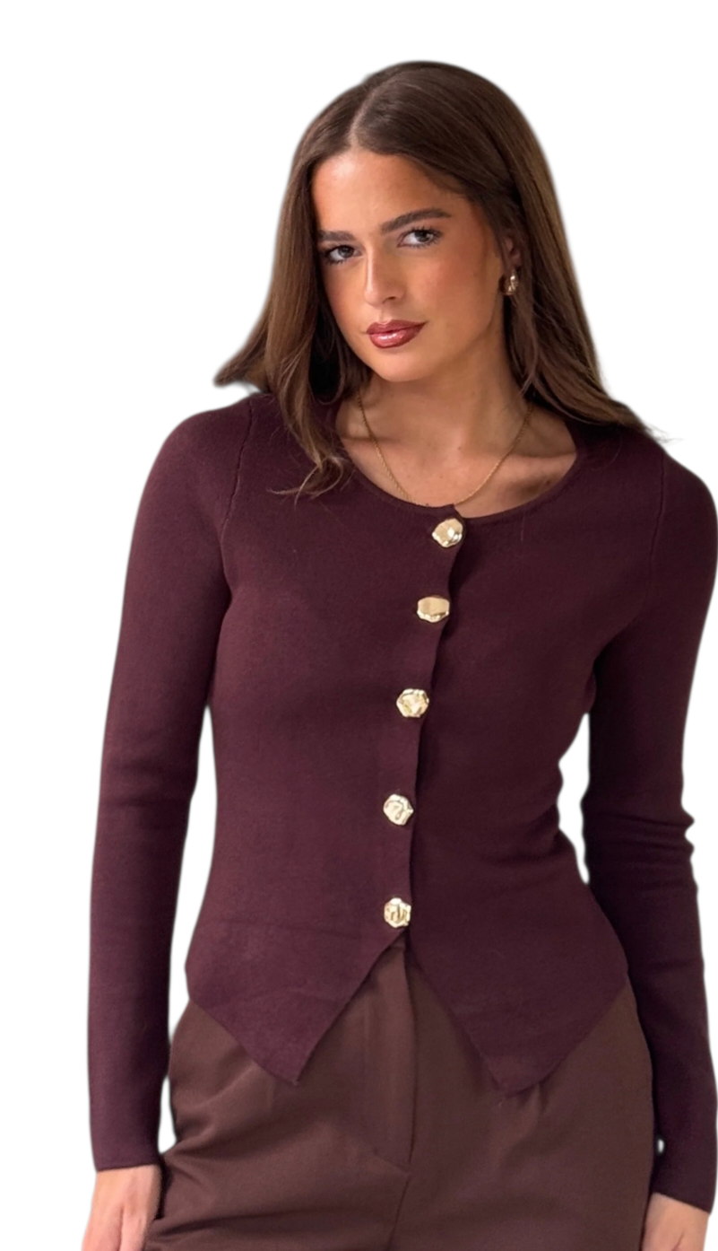 Long sleeved fine knit waistcoat in raspberry and chocolate