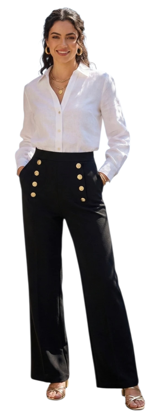 Gold button high waist pull on wideleg trousers in black and brown