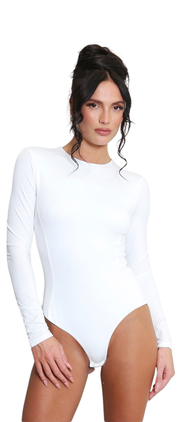 Long sleeved bodysuit in black, chocolate, cream and white