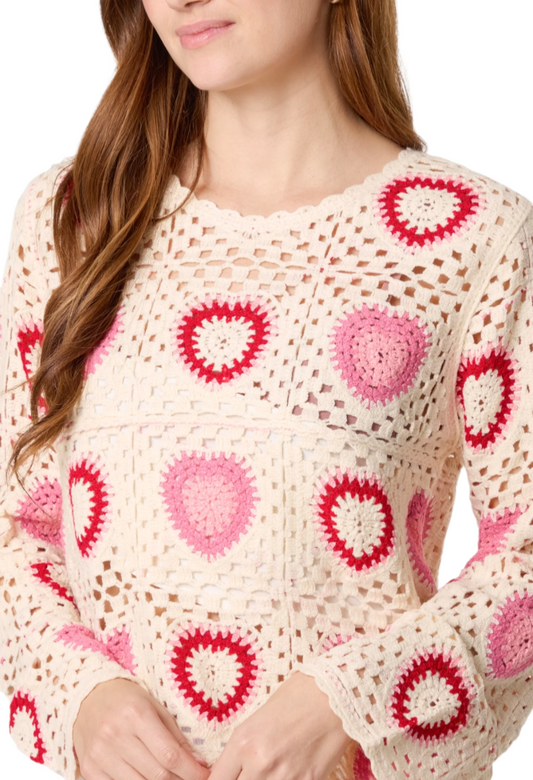 Heart crochet long sleeved top in pink, green and blue