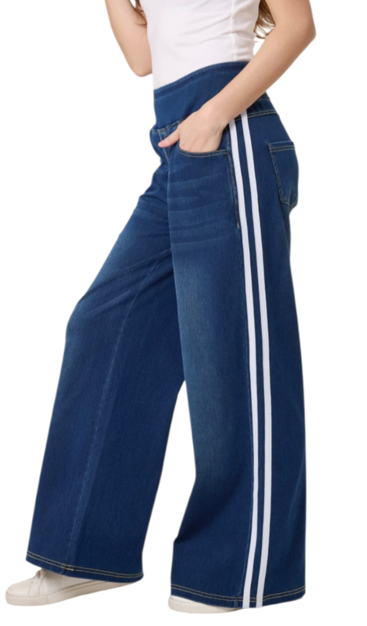 White stripe denim pull on wideleg jean
