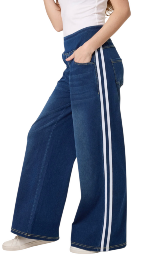 White stripe denim pull on wideleg jean
