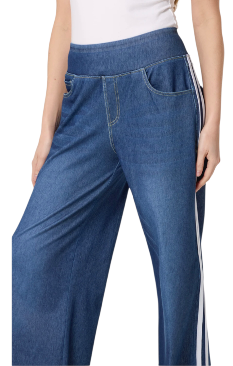 White stripe denim pull on wideleg jean