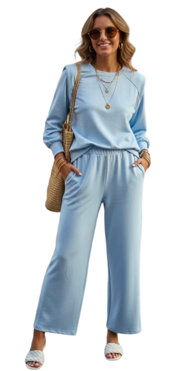 Shoulder padded lounge set co-ord in beige, blue, pink and yellow