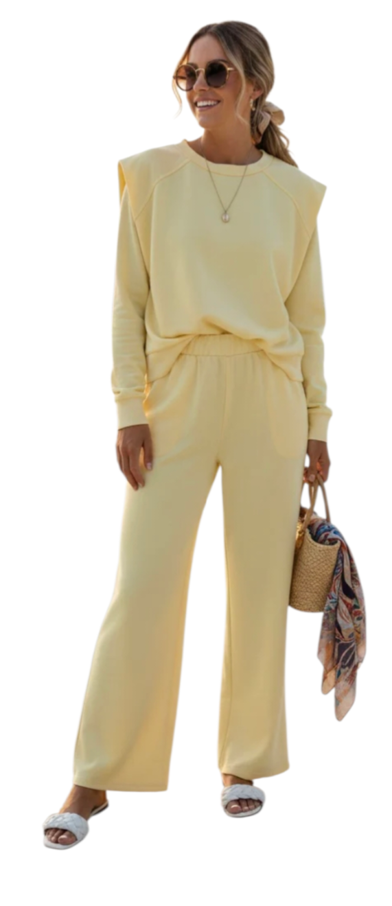 Shoulder padded lounge set co-ord in beige, blue, pink and yellow