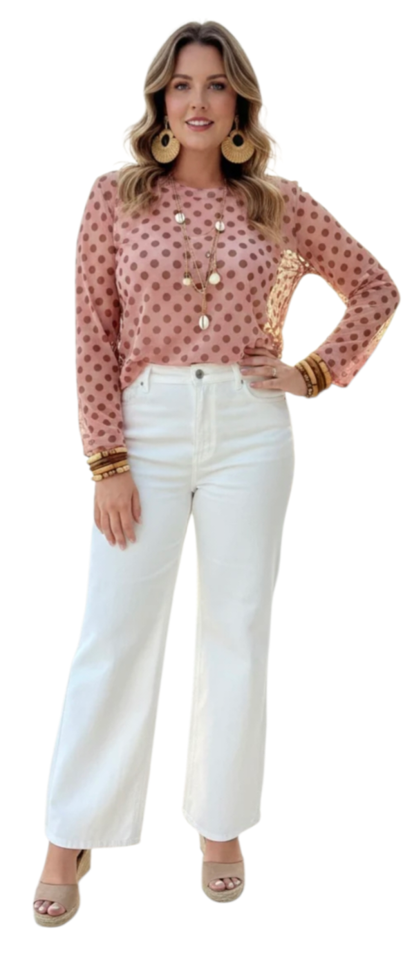 Spot print mesh top in pink and brown