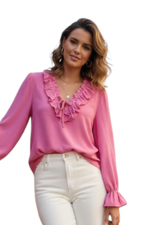 Frill neck Long sleeved blouse in pink, stone and black