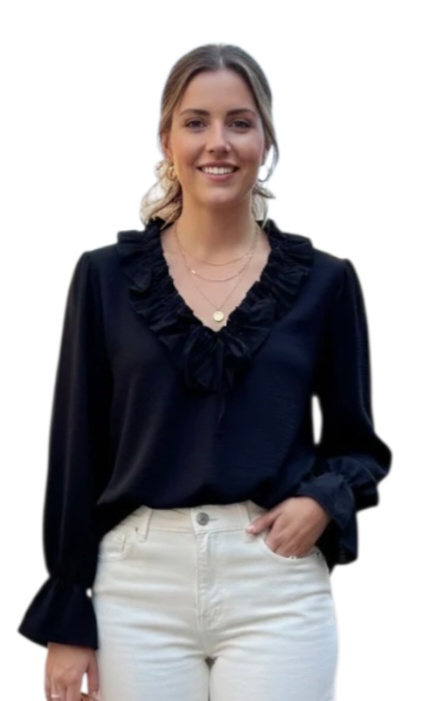 Frill neck Long sleeved blouse in pink, stone and black