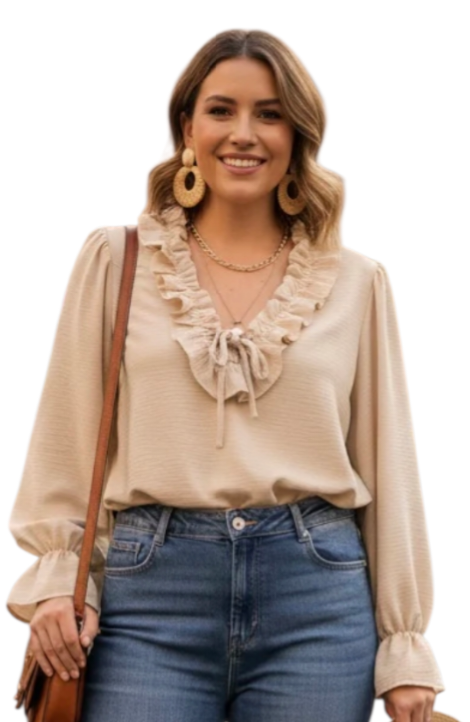 Frill neck Long sleeved blouse in pink, stone and black