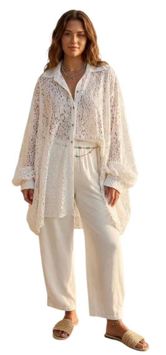 Oversized lace shirt in cream