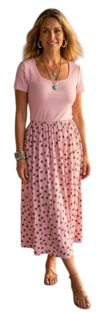 All in one short sleeve polka dress in cream, lemon and pink